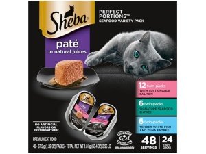 Paté húmedo para gatos Sheba Perfect Portions con salmón sostenible, plato principal de mariscos de autor y plato principal variado de pescado blanco tierno y atún, bandejas dobles de 75 g (24 unidades, 48 ​​porciones)