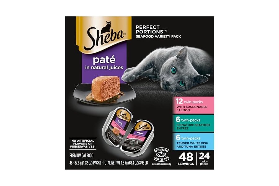 Paté húmedo para gatos Sheba Perfect Portions con salmón sostenible, plato principal de mariscos de autor y plato principal variado de pescado blanco tierno y atún, bandejas dobles de 75 g (24 unidades, 48 ​​porciones)
