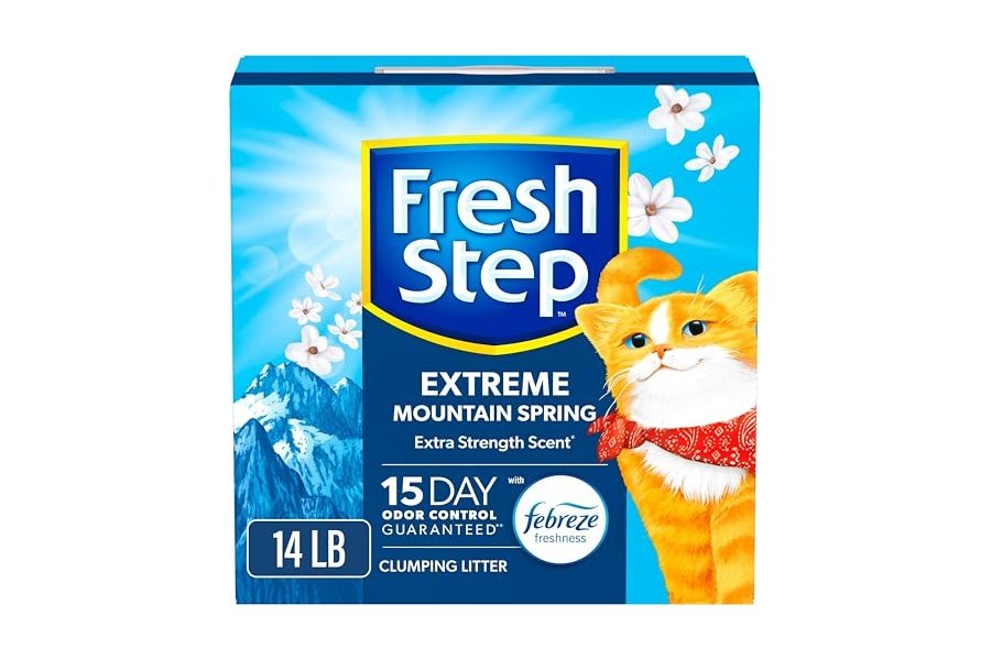 Arena aglomerante Fresh Step Extreme con frescura Febreze y aroma a primavera de montaña, con control de olores garantizado, caja de 6.3 kg