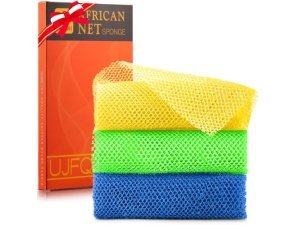 3 esponjas de baño africanas de malla larga, exfoliantes, para ducha, cuerpo y espalda, suavizantes, ideales para uso diario (amarillo, verde y azul).
