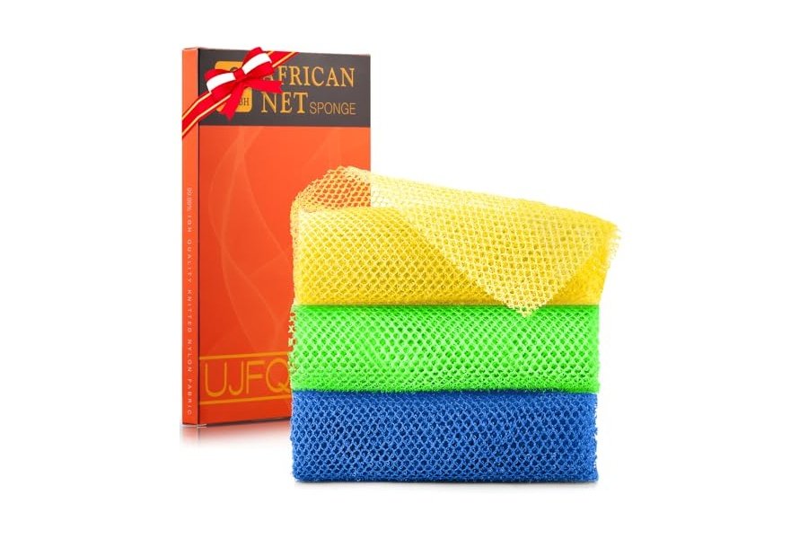3 esponjas de baño africanas de malla larga, exfoliantes, para ducha, cuerpo y espalda, suavizantes, ideales para uso diario (amarillo, verde y azul).