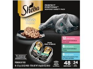 Alimento húmedo para gatos Sheba Perfect Portions, cortes en salsa, paquete variado, salmón sostenible, atún sostenible y plato principal de pescado blanco y atún, 2.6 oz, bandejas dobles (24 unidades, 48 ​​porciones)