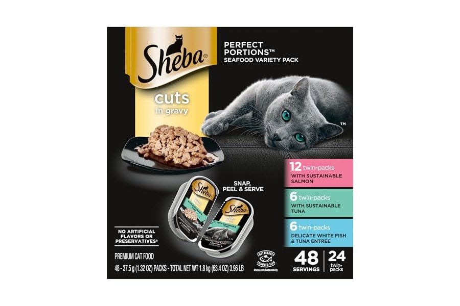 Alimento húmedo para gatos Sheba Perfect Portions, cortes en salsa, paquete variado, salmón sostenible, atún sostenible y plato principal de pescado blanco y atún, 2.6 oz, bandejas dobles (24 unidades, 48 ​​porciones)