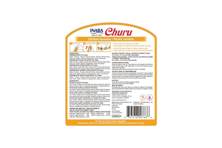 Galletas para gatos INABA Churu, sin cereales, para lamer y exprimibles, puré cremoso con vitamina E y taurina, 14 g cada tubo, 50 tubos, variedad de pollo - Image 2