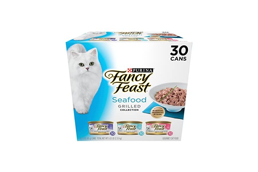 Comida húmeda para gatos Purina Fancy Feast a la parrilla con mariscos en paquete variado (paquete de 30) latas de 85 g