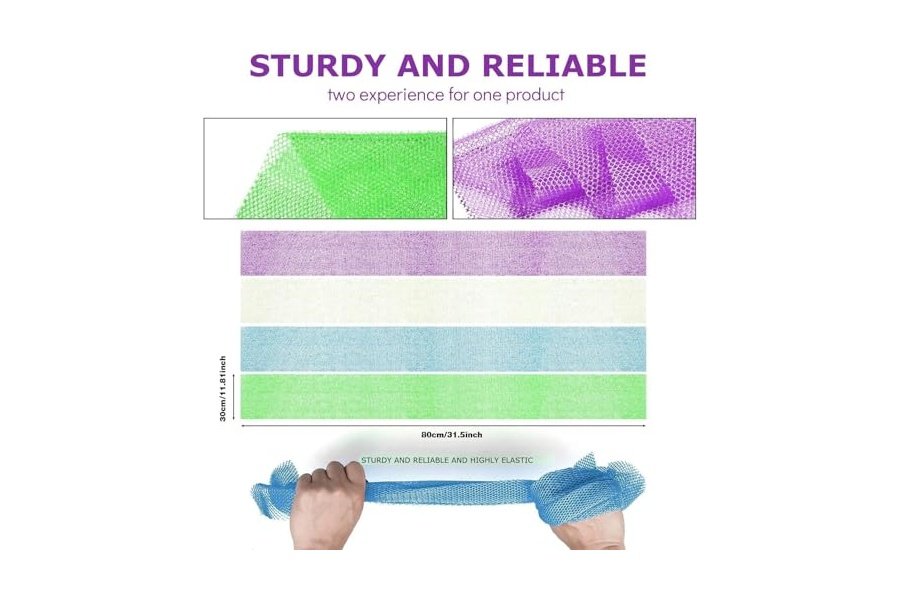4 esponjas de baño africanas de malla larga, exfoliantes, para ducha, cuerpo y espalda, suavizantes, ideales para uso diario (morado, azul, verde y blanco). - Image 3