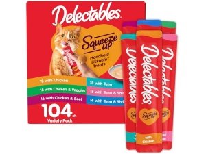 Paquete variado Delectables Squeeze Up, puré cremoso exprimible, premios húmedos para lamer para gatos, sin cereales, sin rellenos, subproductos ni conservantes añadidos, tubo de 0.5 onzas, 104 tubos en total