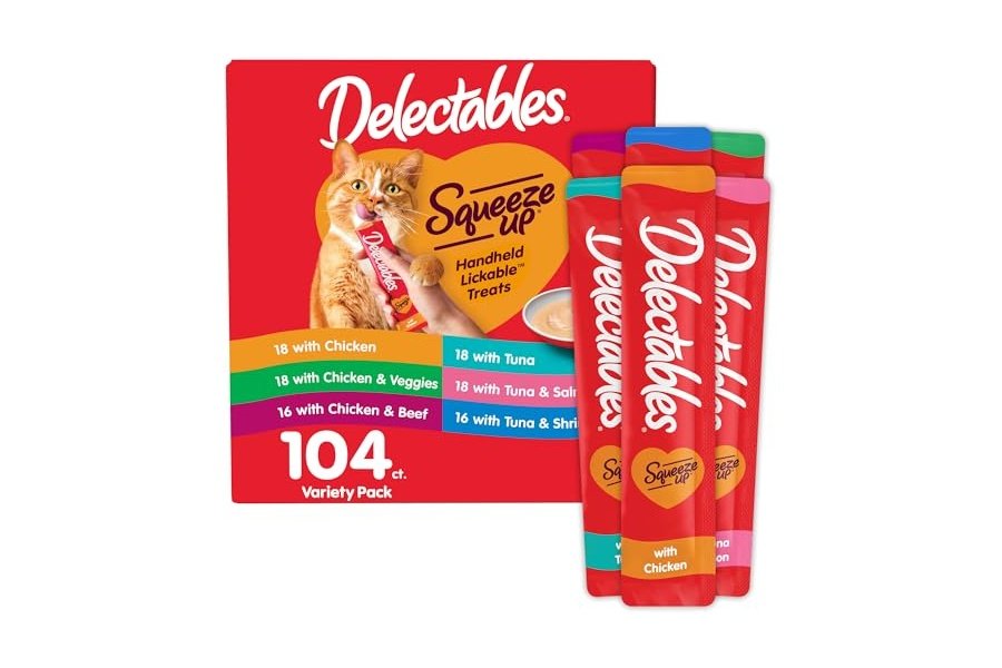Paquete variado Delectables Squeeze Up, puré cremoso exprimible, premios húmedos para lamer para gatos, sin cereales, sin rellenos, subproductos ni conservantes añadidos, tubo de 0.5 onzas, 104 tubos en total