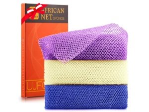 3 esponjas de baño africanas de red africana, esponja de baño de red larga, exfoliante, para ducha, cuerpo, espalda y piel más suave, ideal para uso diario (morado, azul, blanquecino).