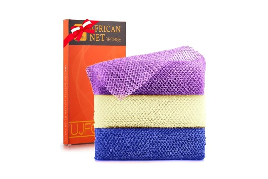 3 esponjas de baño africanas de red africana, esponja de baño de red larga, exfoliante, para ducha, cuerpo, espalda y piel más suave, ideal para uso diario (morado, azul, blanquecino).