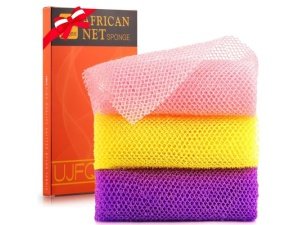 UJFQBH - 3 esponjas de baño africanas de red africana, esponja de baño de red larga, exfoliante, para ducha, cuerpo, espalda y piel más suave, ideal para uso diario (rosa, amarillo, morado)