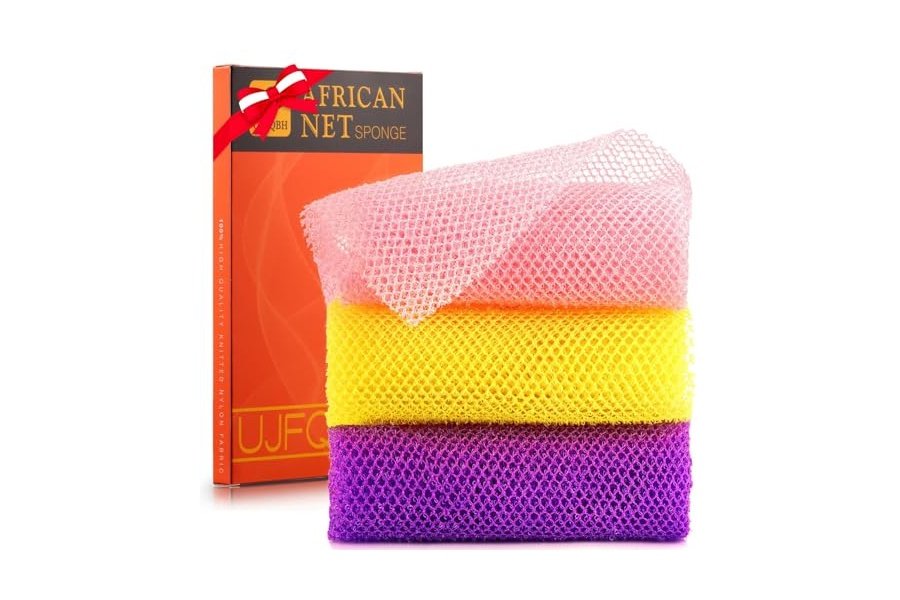 UJFQBH - 3 esponjas de baño africanas de red africana, esponja de baño de red larga, exfoliante, para ducha, cuerpo, espalda y piel más suave, ideal para uso diario (rosa, amarillo, morado)