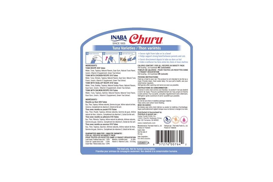 Galletas para gatos INABA Churu, sin cereales, para lamer y exprimibles, puré cremoso con vitamina E y taurina, 14 g cada tubo, 50 tubos, variedad de atún - Image 2