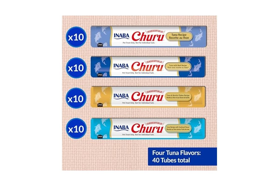Galletas para gatos INABA Churu, sin cereales, para lamer y exprimibles, puré cremoso con vitamina E y taurina, 14 g cada tubo, 40 tubos, caja variada de atún - Image 3