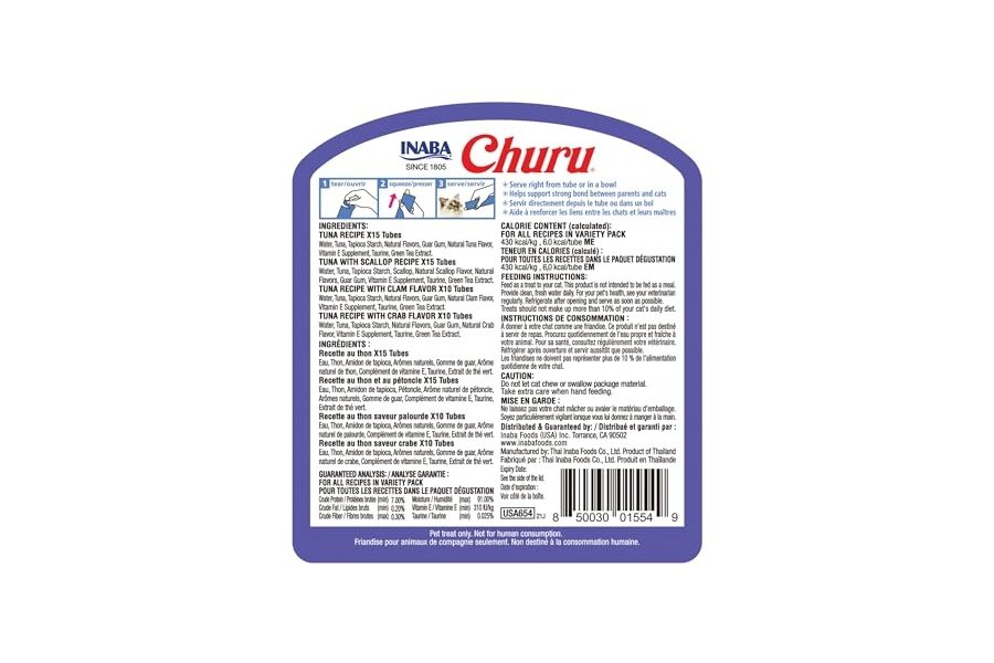 Galletas para gatos INABA Churu, sin cereales, para lamer y exprimibles, puré cremoso con vitamina E y taurina, 14 g cada tubo, 50 unidades, variedad de atún y mariscos - Image 3