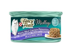 Alimento húmedo para gatos Fancy Feast Medleys, pollo primavera de carne blanca con verduras de jardín y hojas verdes, lata de 3 oz
