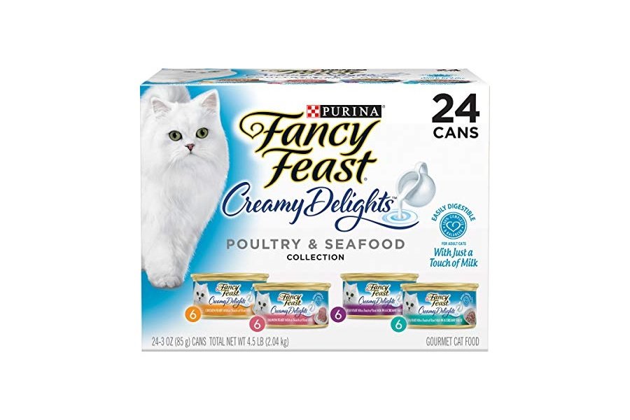 Alimento húmedo para gatos Purina Fancy Feast, paquete variado, colección Creamy Delights de aves y mariscos - (Paquete de 24) latas de 85 g