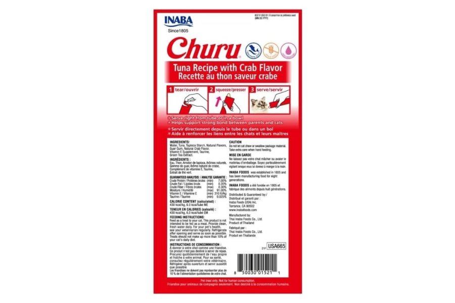 Galletas para gatos INABA Churu, sin cereales, para lamer y exprimible, puré cremoso con vitamina E y taurina, 14 g cada tubo, 24 tubos (4 por paquete), receta de atún con cangrejo - Image 3