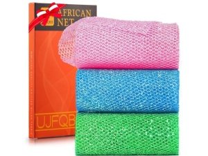 Juego de 3 esponjas de ducha exfoliantes africanas de estilo brillante. Esponjas de baño largas para una piel suave y fresca. El exterior brilla. Ideal para uso diario (rosa brillante, azul, verde).
