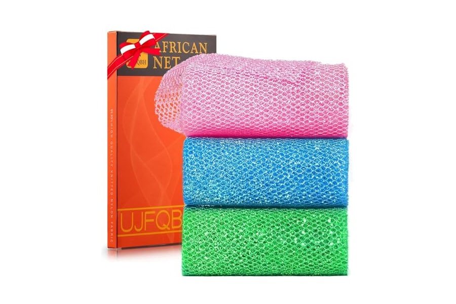 Juego de 3 esponjas de ducha exfoliantes africanas de estilo brillante. Esponjas de baño largas para una piel suave y fresca. El exterior brilla. Ideal para uso diario (rosa brillante, azul, verde).